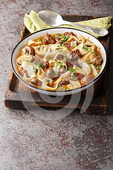 Creamy Beef Stroganoff Soup is made with tender chunks of beef, mushrooms and noodles in an extra-delicious broth in a bowl.
