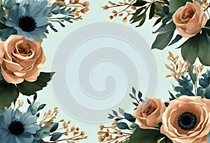 Creamy beige rose anemone dusty blue thistles eucalyptus greenery juniper brunia vector design frame stock illustration