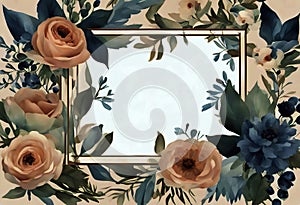 Creamy beige rose anemone dusty blue thistles eucalyptus greenery juniper brunia vector design frame stock illustration