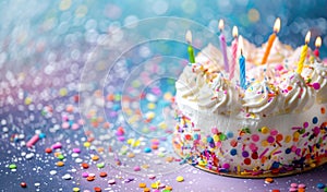 Creamy birthday cake with colorful confetti and festiv candles. Delicate purple blue background with copy space photo