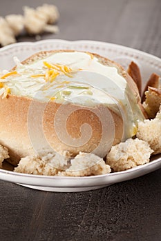 Creamy Broccoli Cheddar Soup in bread bowl