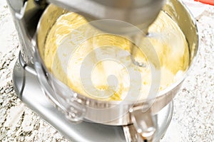 Creamy Buttercream Frosting Whipped in Stand Mixer Bowl