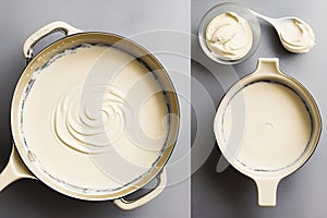 A creamy béchamel sauce by placing it on a light, cream-colored background