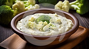 Creamy caulflower and broccoli with feta soup. generative ai