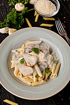 Creamy chicken and mushroom with penne pasta photo