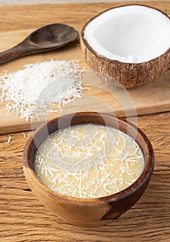 Creamy cocada, traditional brazilian coconut candy with grated coconut