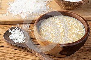 Creamy cocada, traditional brazilian coconut candy with grated coconut