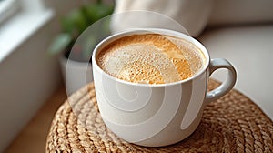 Creamy coffee in a white mug