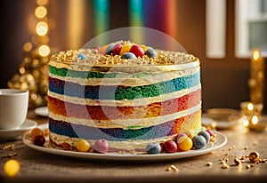 Creamy confections. layer rainbow cake. Happy birthday, party concept