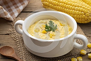 Creamy corn Pottage soup on white bowl,healthy food style