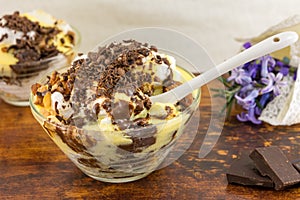 Creamy dessert with chocolate and almonds