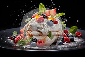 Creamy dessert and the crispness of freshly sliced fruits on plate. AI Generated