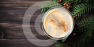 Creamy eggnog with cinnamon in a glass on a wooden background Generative AI