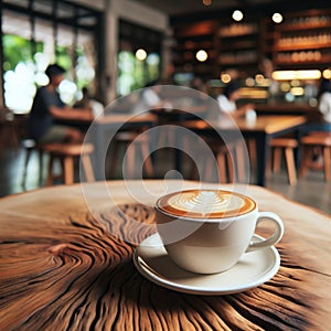 A creamy flat white on a wooden table with a blurred cafe background. AI generated. photo