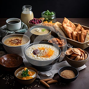 Creamy and hearty Uji porridge with savory snacks