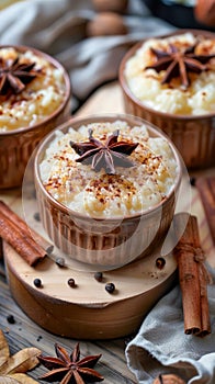 Creamy Homemade Rice Pudding with Cinnamon, Star Anise, and Spices in Rustic Kitchen Settings