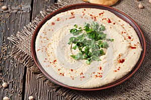 Creamy hummus hebrew chick-pea food in bowl