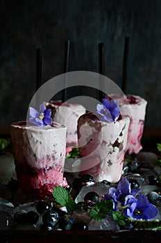 Creamy ice cream with berries of black currant, blueberry, raspberry, mint and flowers of violets on a dark background. Summer coo