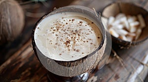 A creamy and indulgent cocktail made with coconut milk and local ed rum served in a coconut shell with a sprinkle of