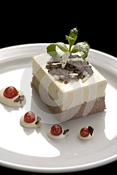 Creamy jelly mousse, pannacotta on a white porcelain plate, decorated with mint and red currant