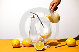 Creamy lemonade trendy summer mocktail. Cold non-alcoholic cocktail with lemon juice and sweetened condensed milk.