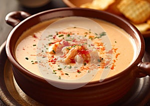 Creamy lobster and shrimps bisque traditional soup.Macro.AI Generative