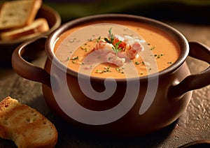Creamy lobster and shrimps bisque traditional soup.Macro.AI Generative