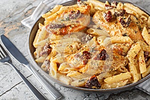 Creamy Marry Me Chicken pasta with sun-dried tomatoes, cheese, herbs and aromatic sauce close-up in a plate. Horizontal