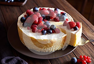 Creamy mascarpone cheese cake with strawberry and winter berries. New York Cheesecake. Close up.