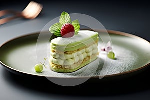 Creamy matcha cake with pistachio and vanilla layers on dark background, close-up. Sweet food concept. Matcha pistachio dessert