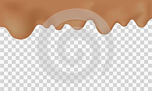 Liquid chocolate. 3d vector realistic. hot dairy chocolate or drink. fresh fluid. Drops dripping down. Template on transparent