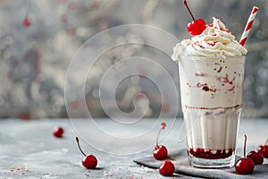 A creamy milkshake with whipped cream and cherries served on a table, A refreshing milkshake topped with whipped cream and a
