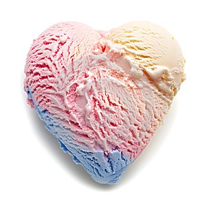 Creamy multicolored ice cream in heart shape on white background. photo