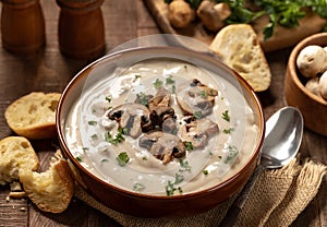 Creamy mushroom soup with sliced mushrooms and parsley