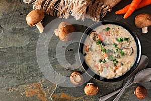 Creamy mushroom soup, top view scene over slate with copy space