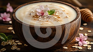 Creamy oatmeal bowl with blossoms