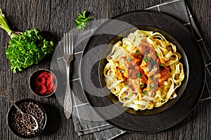 Creamy Paprika Pork Chunks over tagliatelle noodle