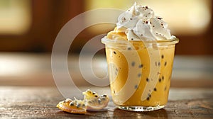 A creamy passion fruit pudding served in a glass jar with a dollop of whipped cream photo