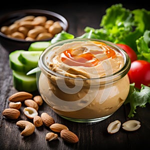 Creamy Peanut Butter Hummus With Fresh Vegetables And Nuts