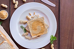 Creamy peanut butter sandwich on plate with butter and toast, Top view