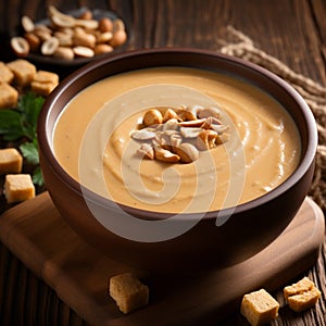 Creamy Peanut Butter Soup On Wooden Table - Stock Image