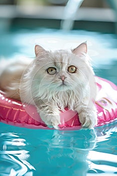 Creamy Persian cat on a pink pool float.