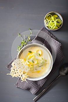 Creamy potato and leek soup in bowl