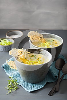 Creamy potato and leek soup in bowl