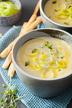 Creamy potato and leek soup in bowl