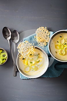 Creamy potato and leek soup in bowl
