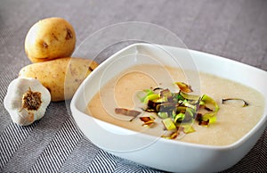 Creamy potato soup with fried leek