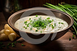 Creamy Potato Soup Topped With Fresh Chives, A Homestyle Comfort Food. Generative AI photo