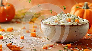 Creamy Pumpkin Risotto in a Rustic Bowl with Autumn Pumpkins in the Background on a Festive Table