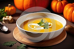 Creamy Pumpkin Soup Elegantly Served In Bowl, Comforting Autumn Dish photo